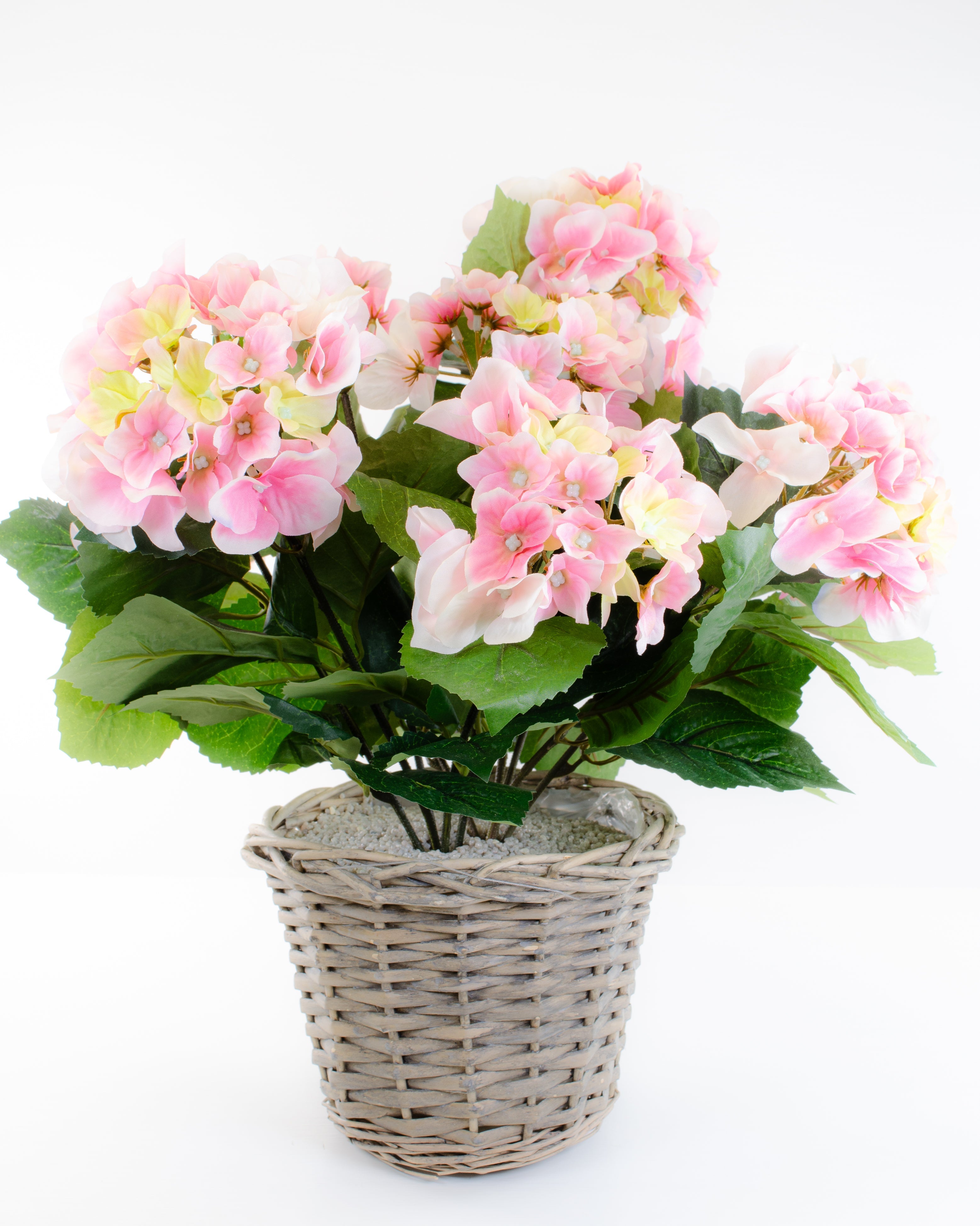 Artificial Pink Hydrangea Arrangement in Handmade Wicker Basket for Home and Outdoor Decor 0