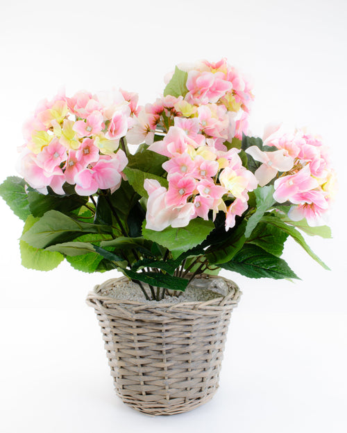 Artificial Pink Hydrangea Arrangement in Handmade Wicker Basket for Home and Outdoor Decor 0