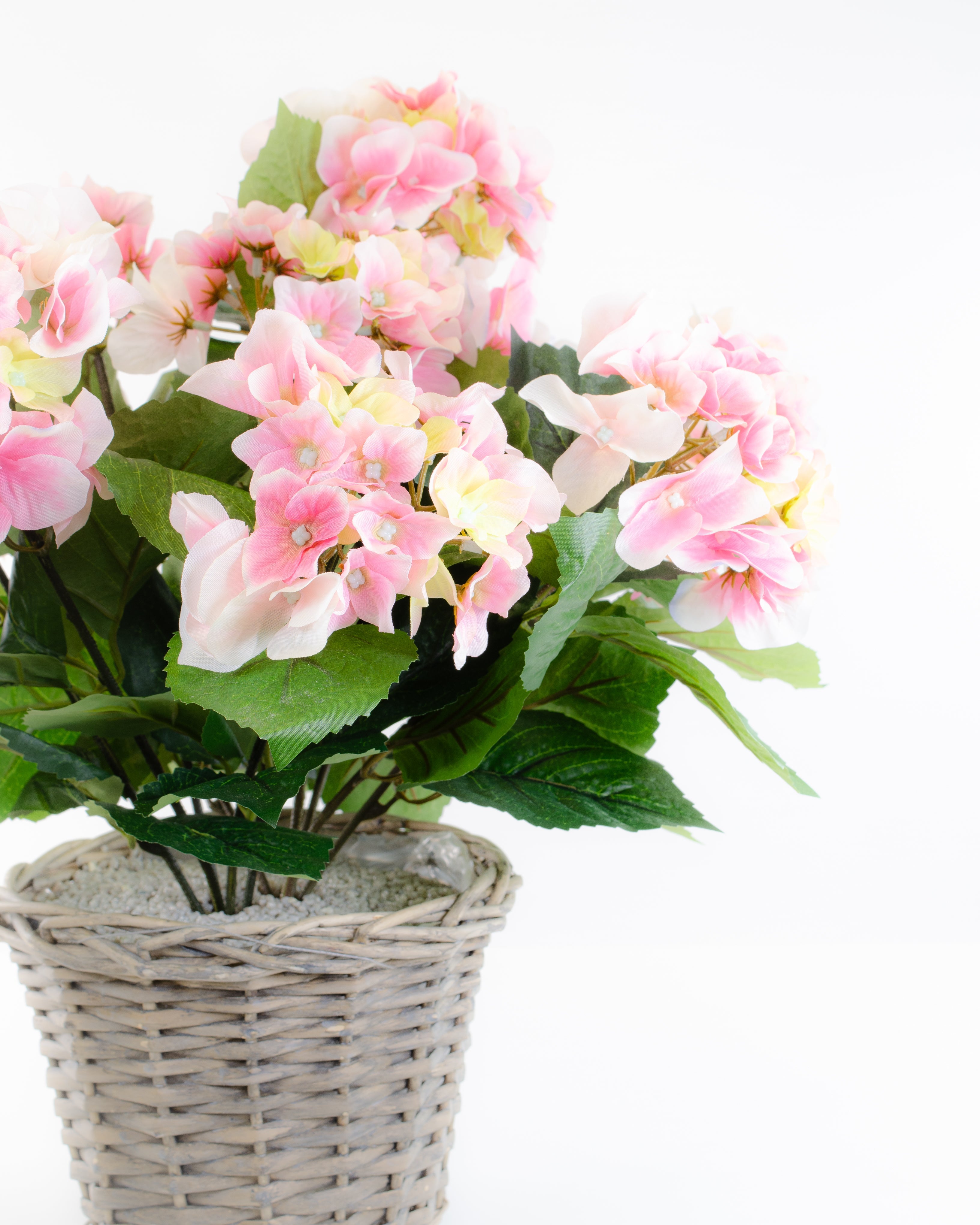 Artificial Pink Hydrangea Arrangement in Handmade Wicker Basket for Home and Outdoor Decor 1