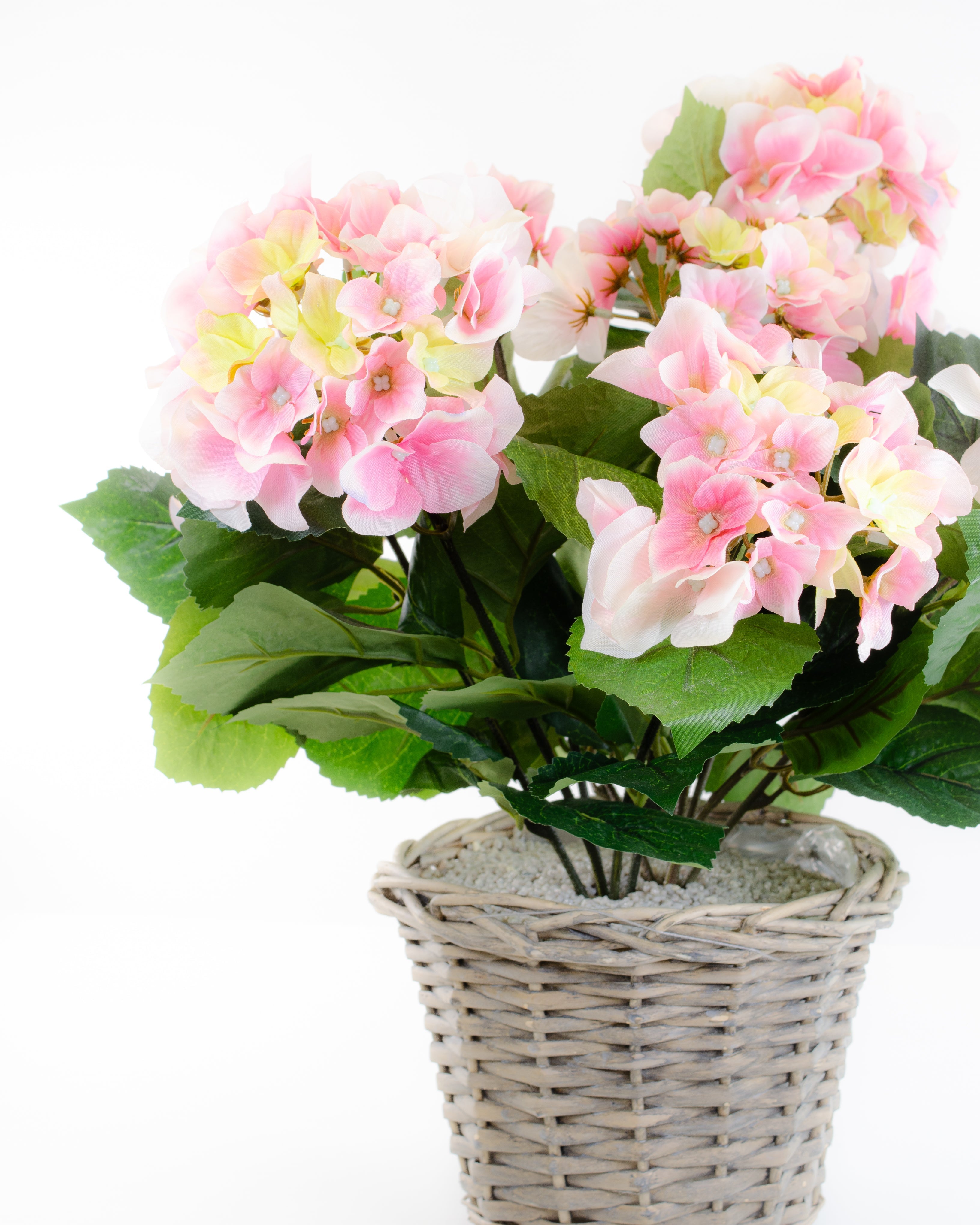 Artificial Pink Hydrangea Arrangement in Handmade Wicker Basket for Home and Outdoor Decor 2