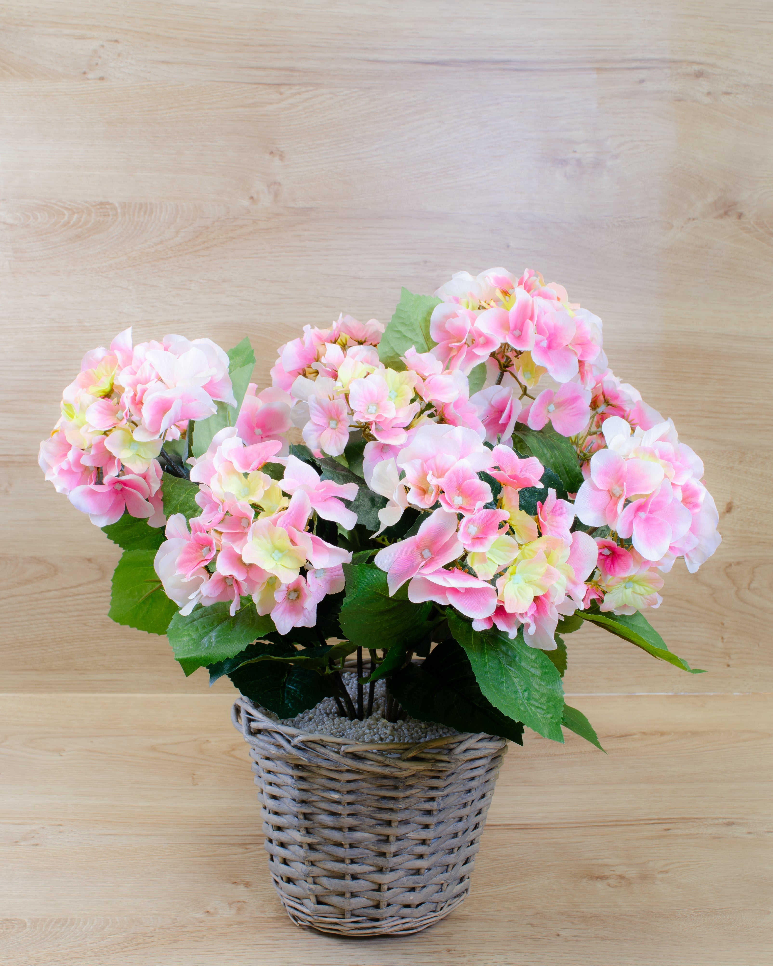 Artificial Pink Hydrangea Arrangement in Handmade Wicker Basket for Home and Outdoor Decor 3