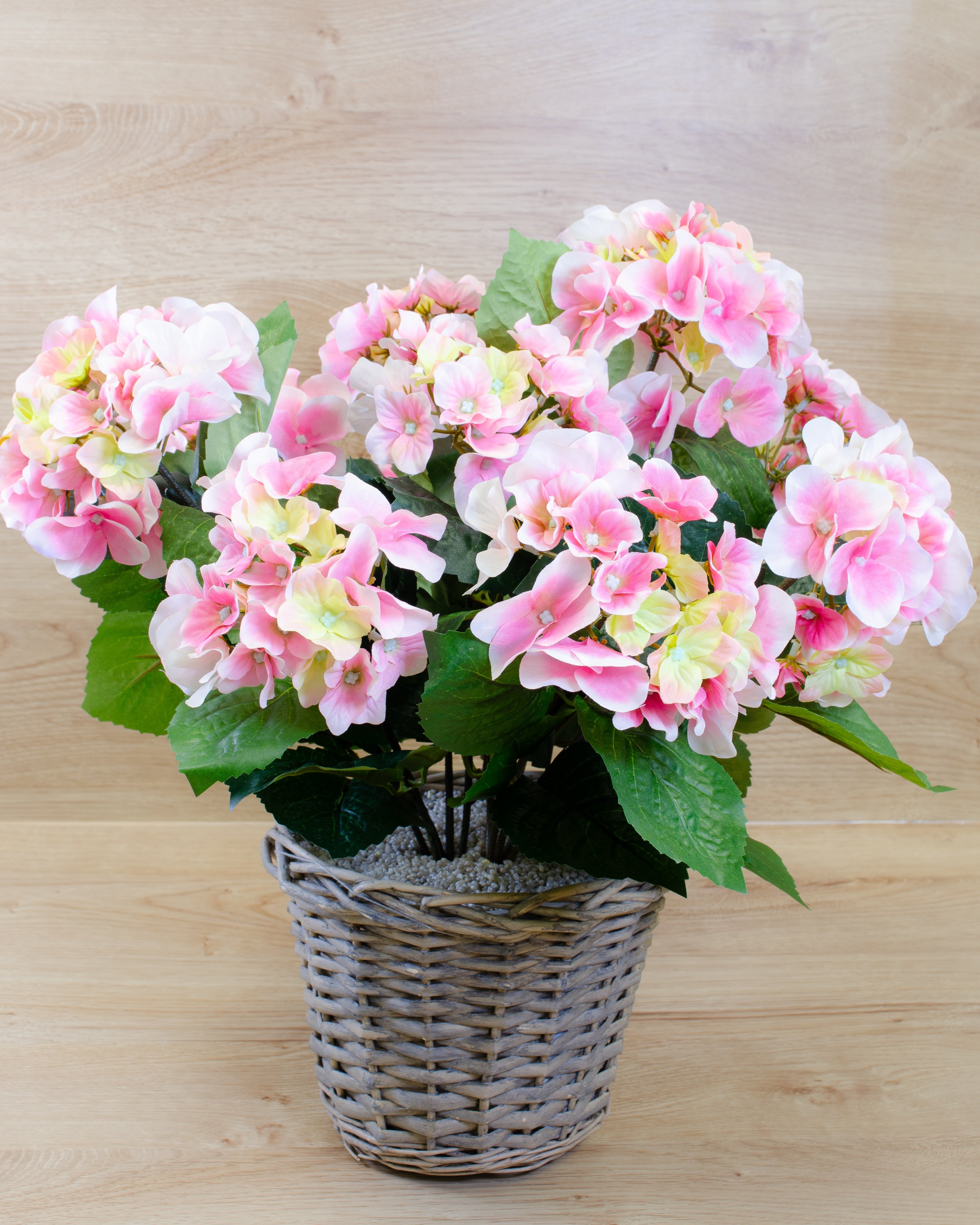 Artificial Pink Hydrangea Arrangement in Handmade Wicker Basket for Home and Outdoor Decor 4