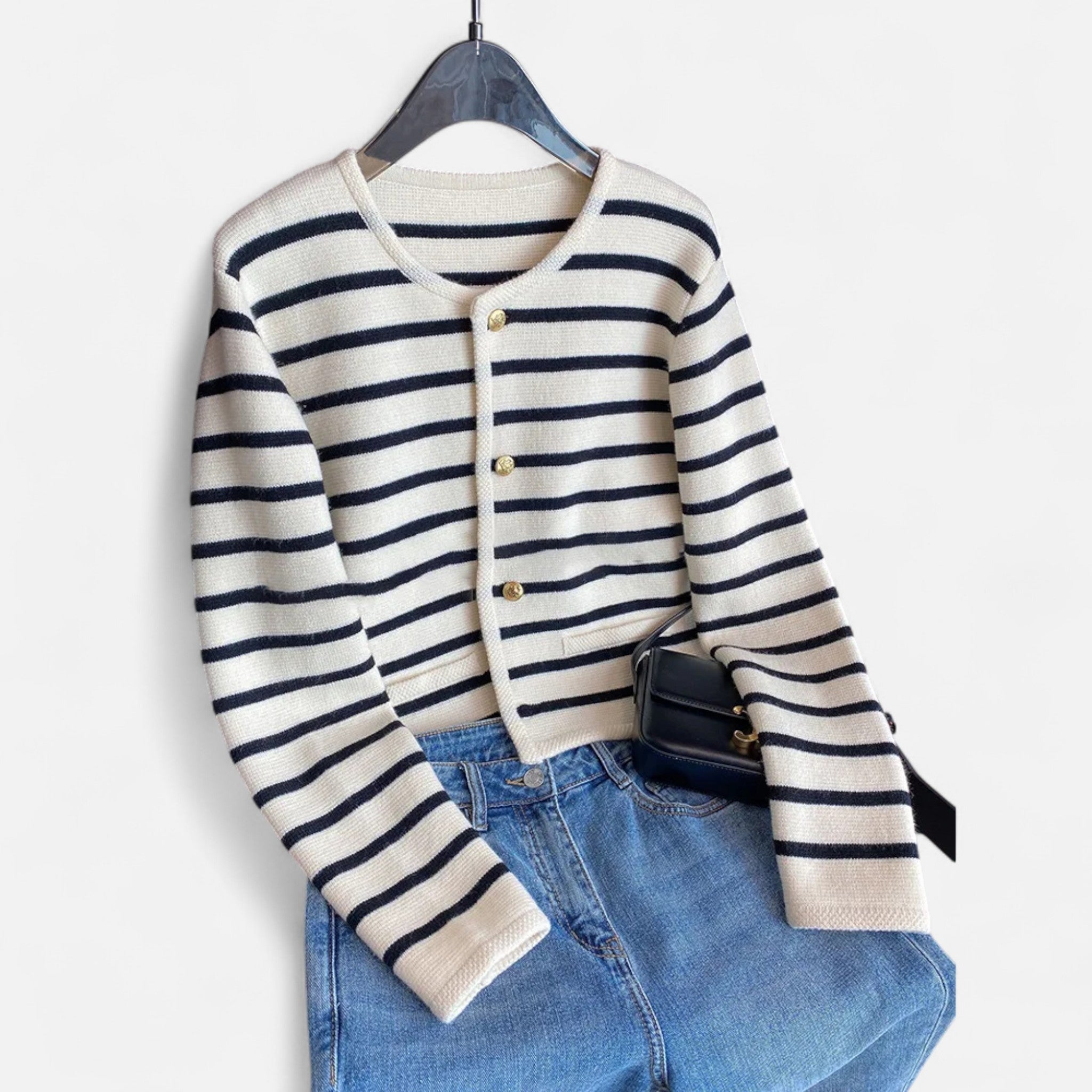 Elegant Cropped Striped Cardigan Sweater for Women with O-Neck Design 0