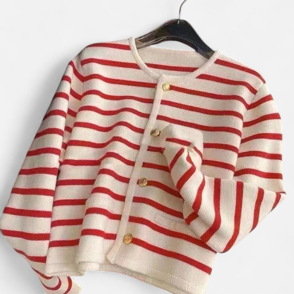 Elegant Cropped Striped Cardigan Sweater for Women with O-Neck Design 1