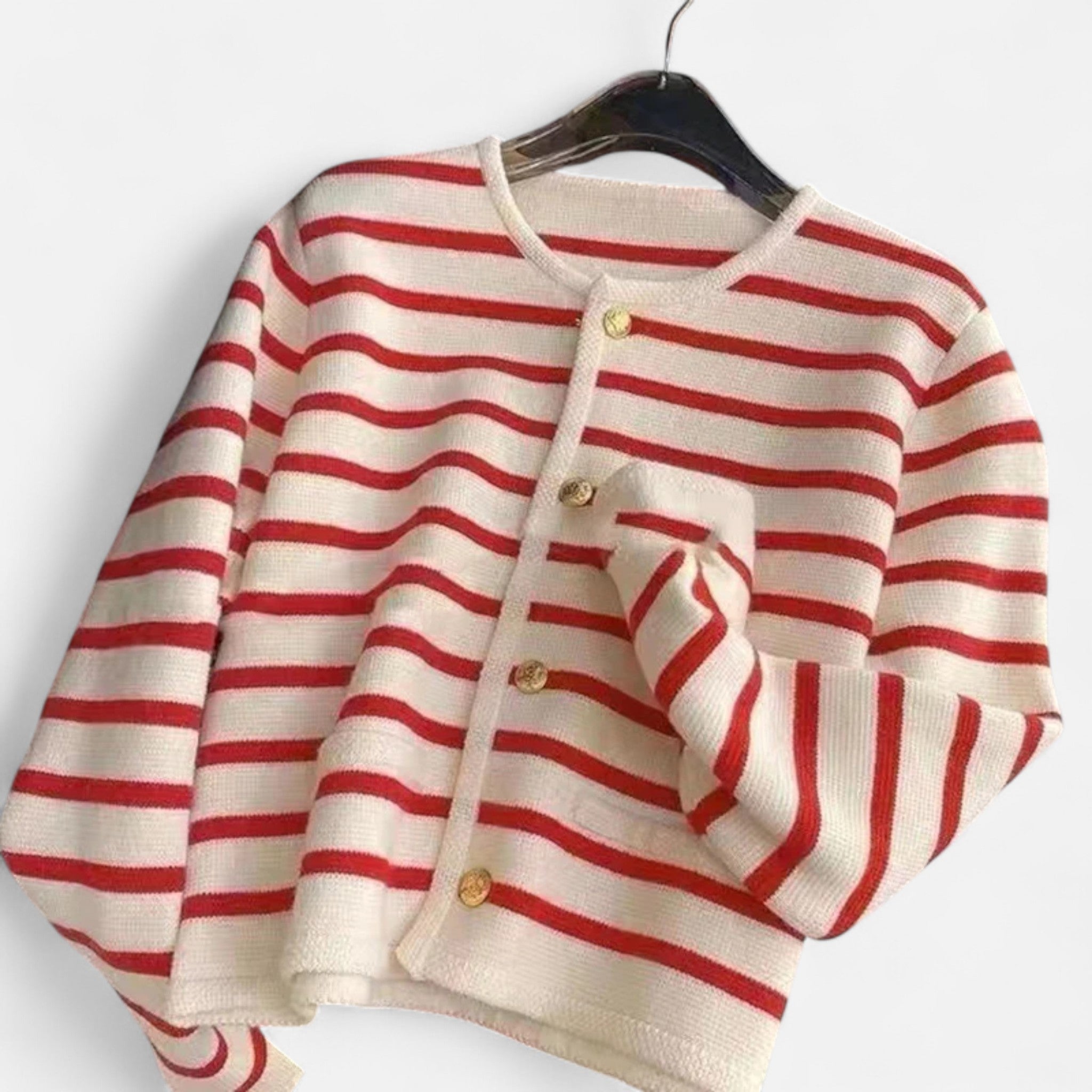 Elegant Cropped Striped Cardigan Sweater for Women with O-Neck Design 1